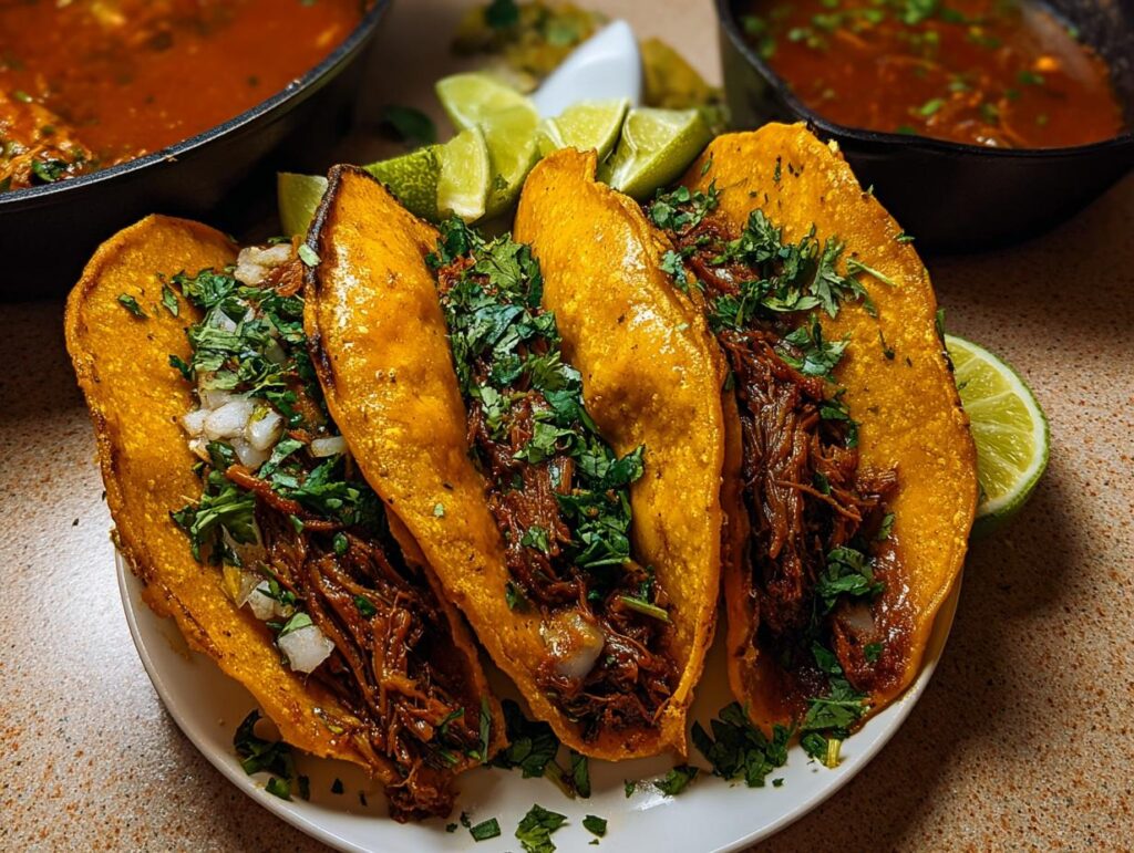 Four crispy, orange-hued My Fave Birria Tacos filled with shredded beef, topped with cilantro and onion, served with lime wedges.