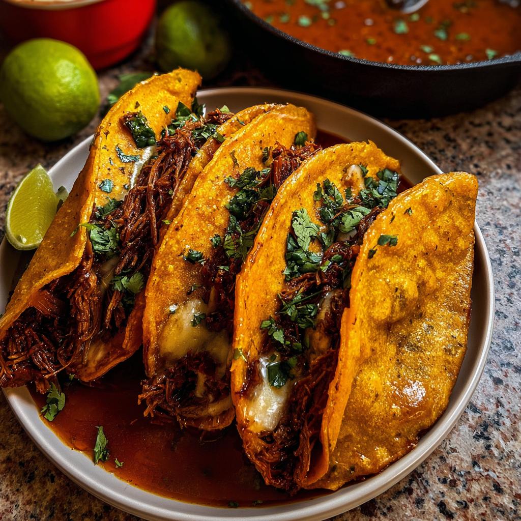 Four crispy, cheesy My Fave Birria Tacos served on a plate swimming in rich consommé, garnished with cilantro.