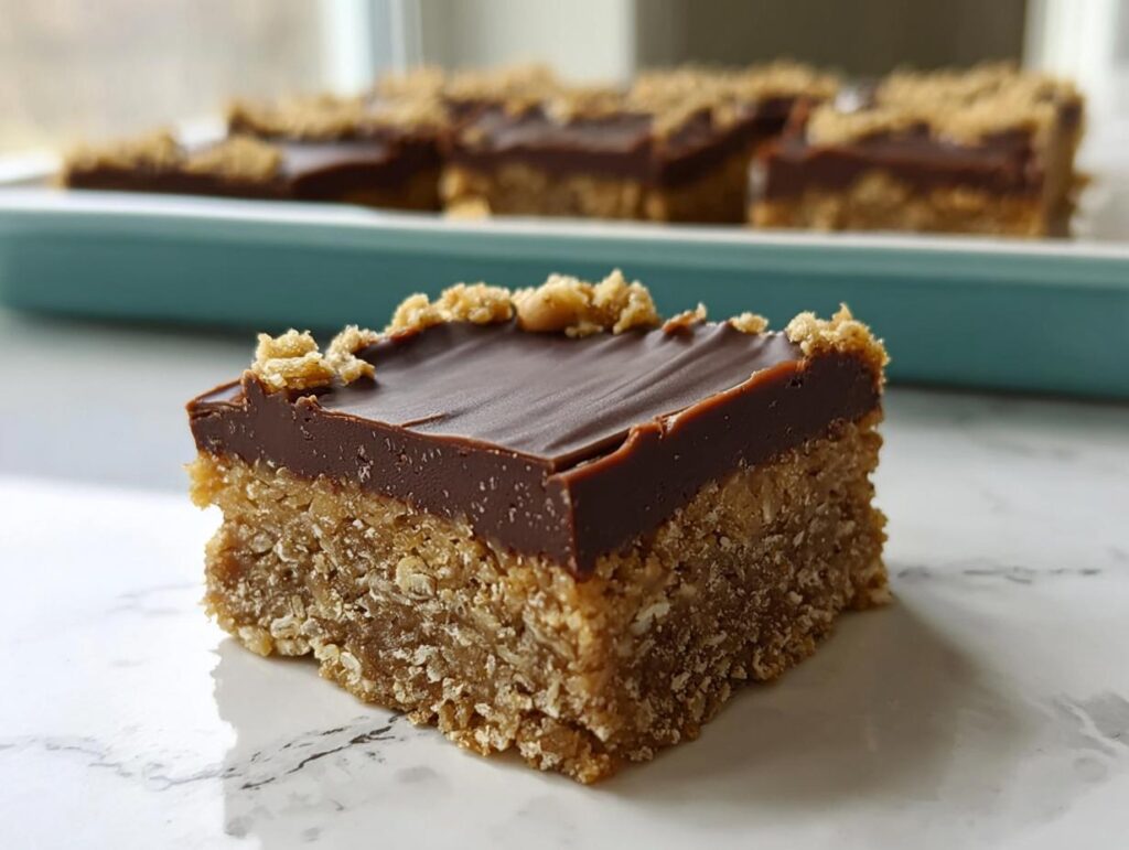 Close-up of a single square of No Bake Chocolate Peanut Butter Oat Bars with a thick chocolate topping and oat base.
