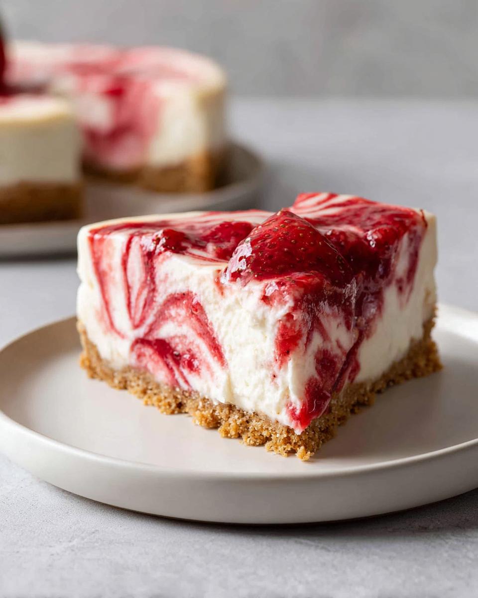 A close-up of a slice of No Bake Strawberry Swirl Cheesecake with a graham cracker crust and strawberry topping.