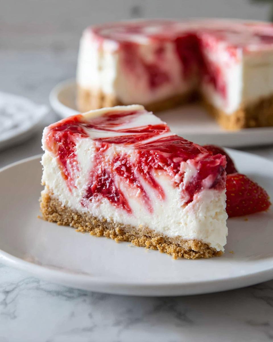 A close-up slice of No Bake Strawberry Swirl Cheesecake with a graham cracker crust, served on a white plate.