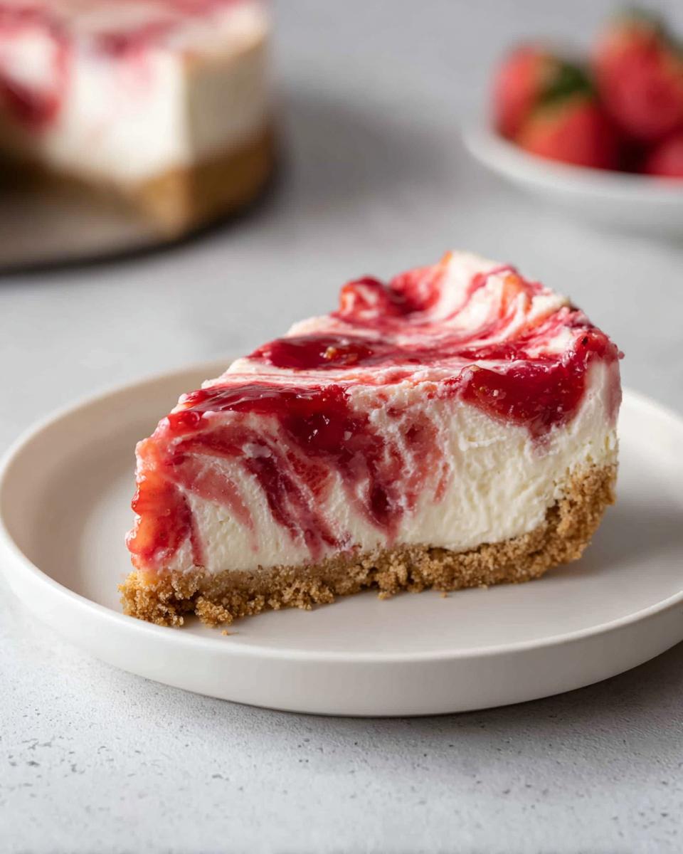 A perfect slice of No Bake Strawberry Swirl Cheesecake with a graham cracker crust on a white plate.