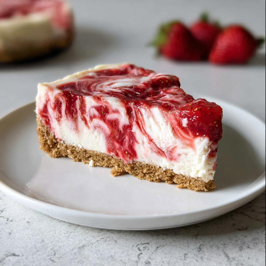 A perfect slice of No Bake Strawberry Swirl Cheesecake with a graham cracker crust on a white plate.