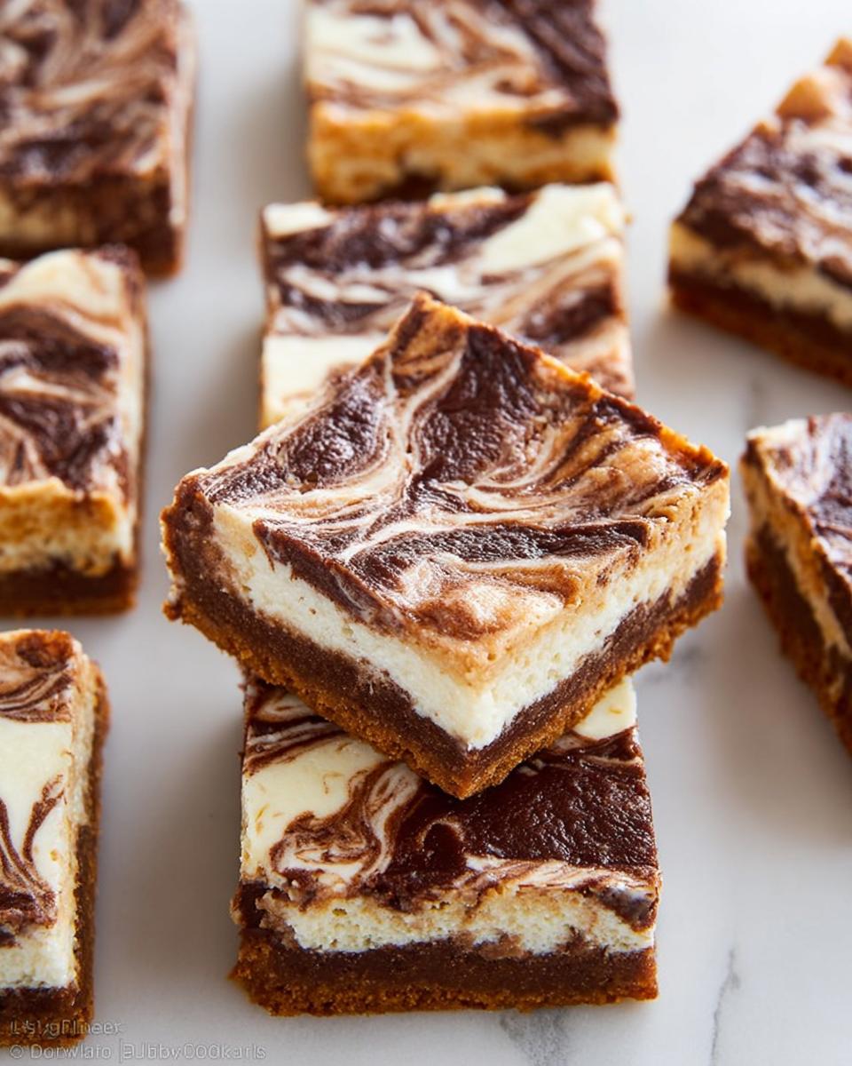 Two Nutella Swirl Cheesecake Bars stacked, showing rich chocolate swirl topping over creamy filling and a graham cracker crust.