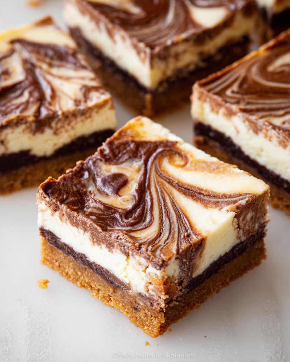Close-up of rich Nutella Swirl Cheesecake Bars showing a graham cracker crust, creamy white layer, and chocolate swirl topping.