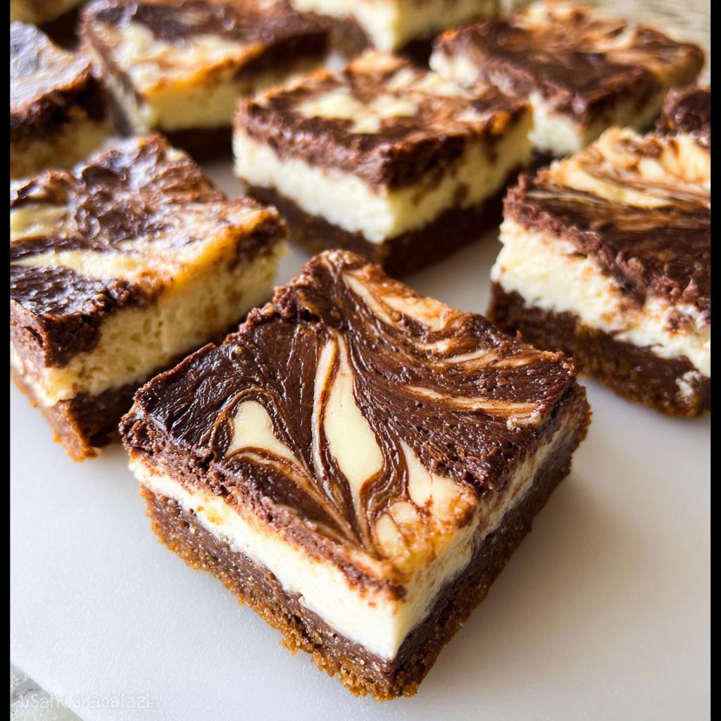 Close-up of several rich Nutella Swirl Cheesecake Bars with a marbled chocolate and cream cheese topping.