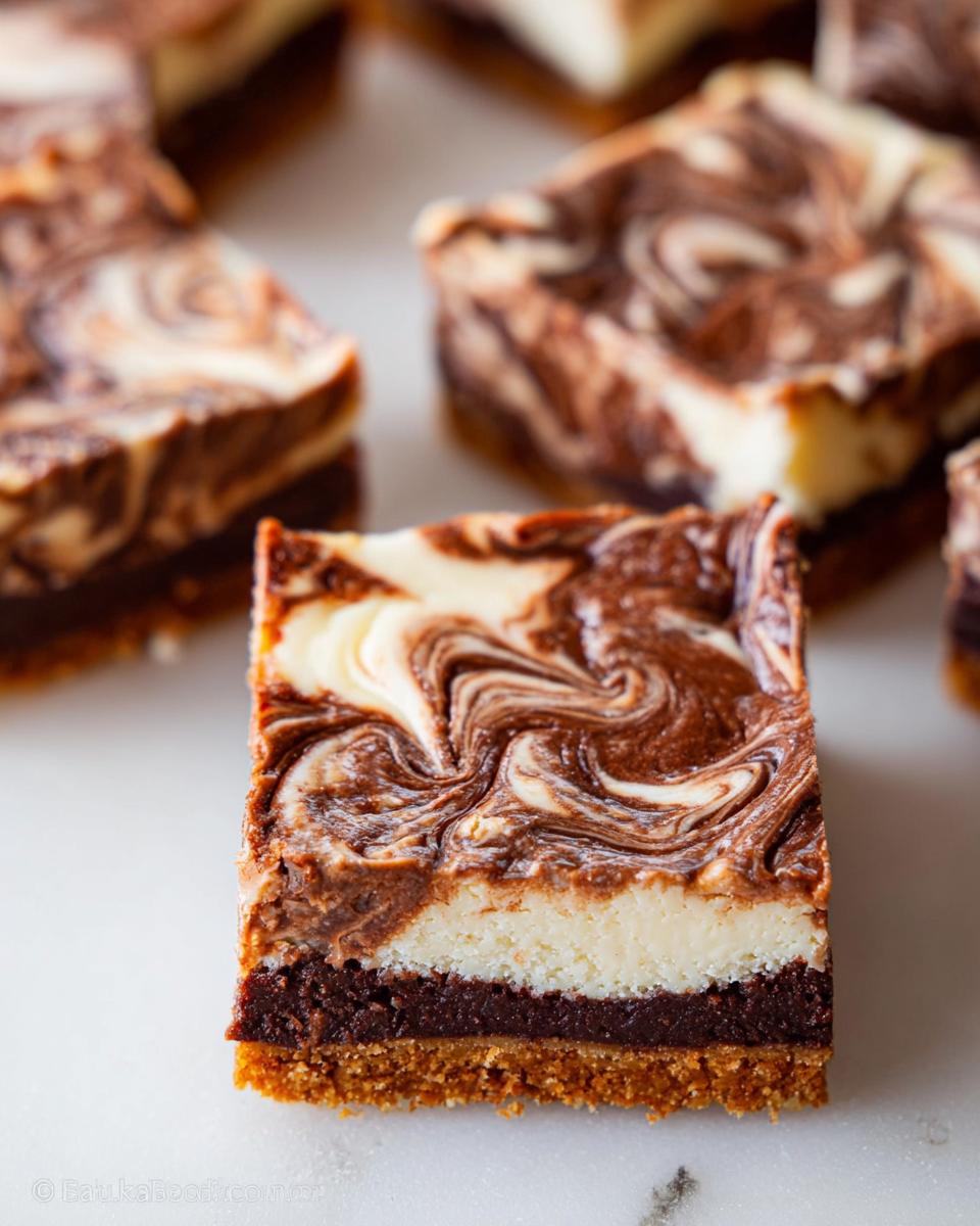 A perfect square of Nutella Swirl Cheesecake Bars showing a graham cracker crust, cheesecake layer, and marbled Nutella topping.