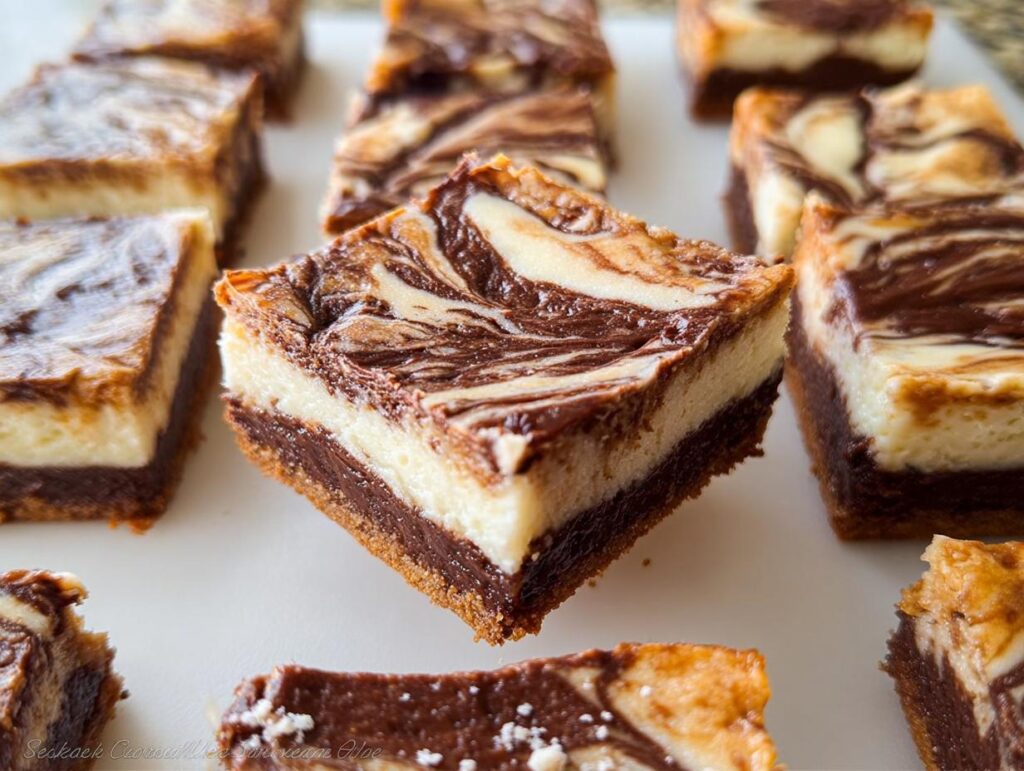 Close-up of several square Nutella Swirl Cheesecake Bars showing the distinct chocolate swirl topping and thick crust.