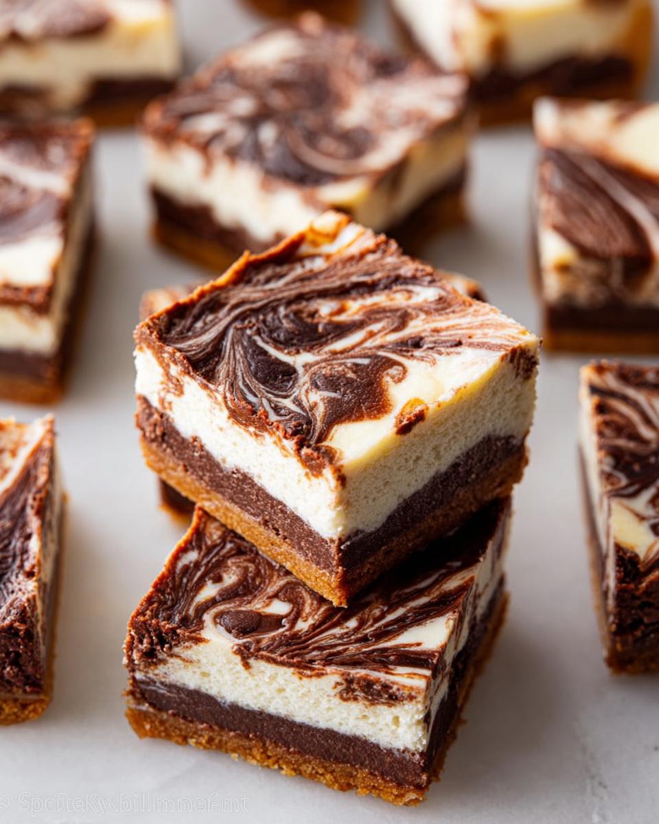 Two stacked Nutella Swirl Cheesecake Bars showing a graham cracker crust, chocolate layer, and marbled cream cheese topping.