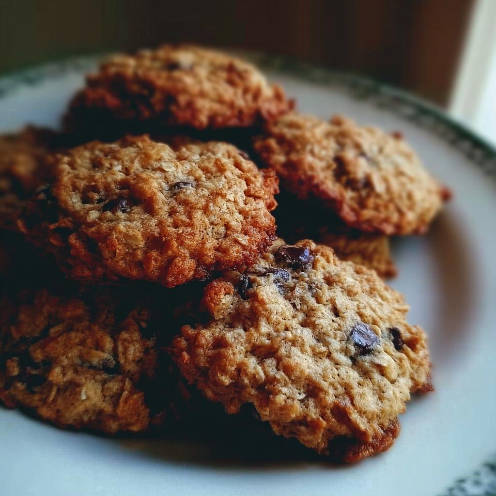 A close-up stack of freshly baked Oatmeal Chocolate Chip Coconut Cookies on a white plate.