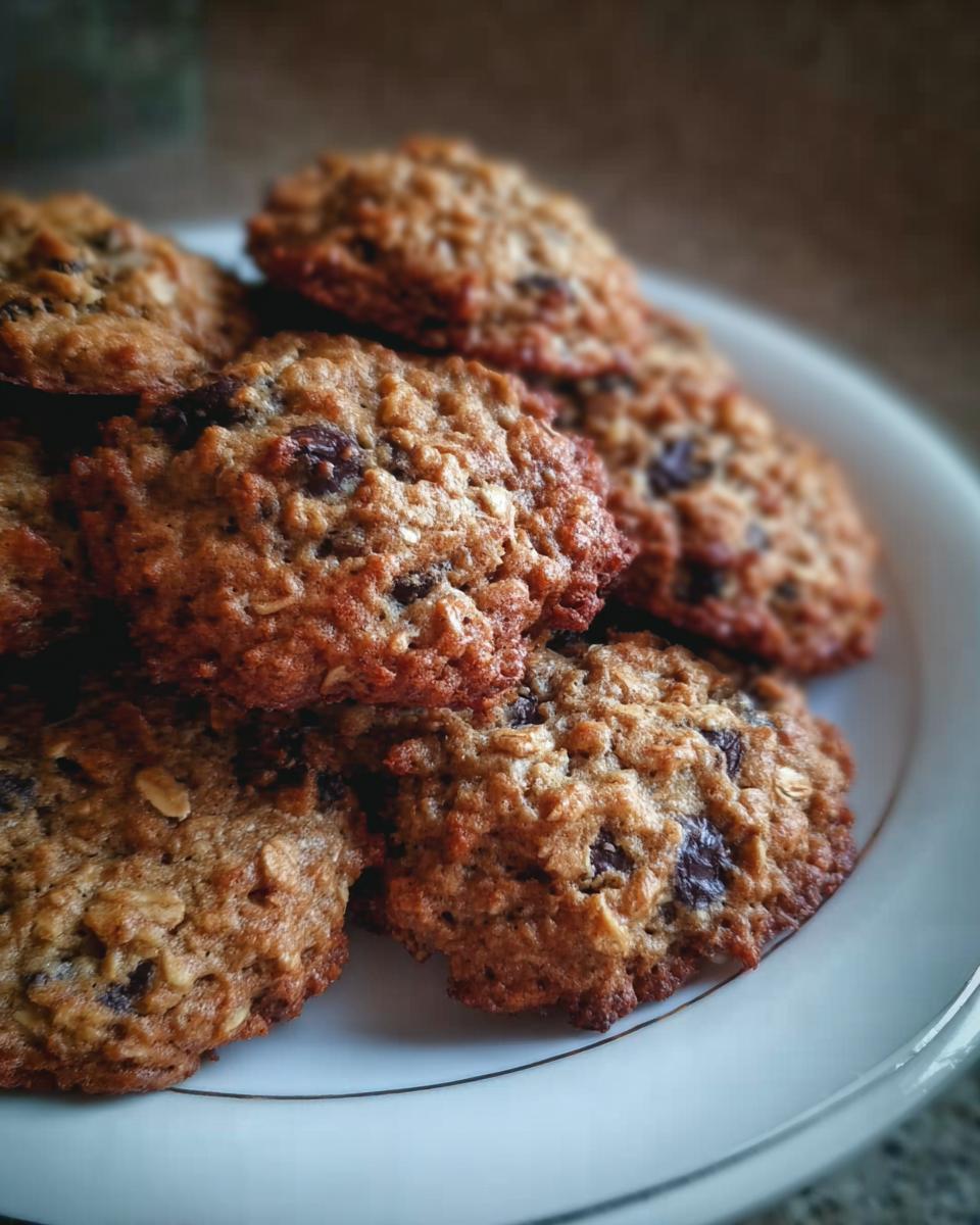 A close-up stack of chewy Oatmeal Chocolate Chip Coconut Cookies on a white plate.