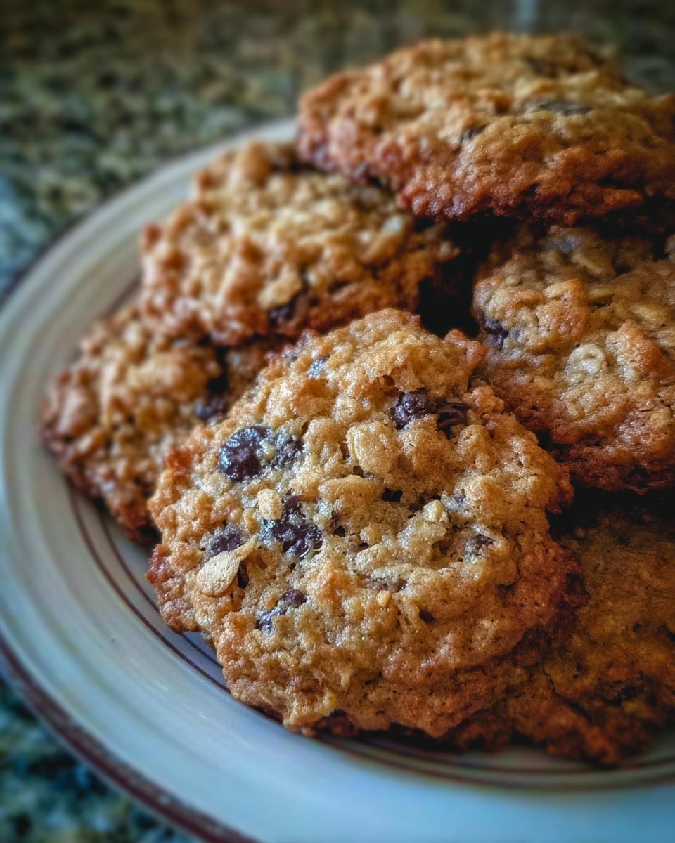 A close-up stack of freshly baked Oatmeal Chocolate Chip Coconut Cookies on a light-colored plate.