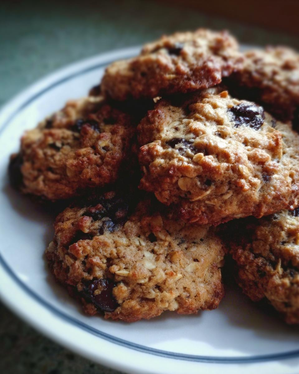 A close-up stack of freshly baked Oatmeal Chocolate Chip Coconut Cookies on a white plate.