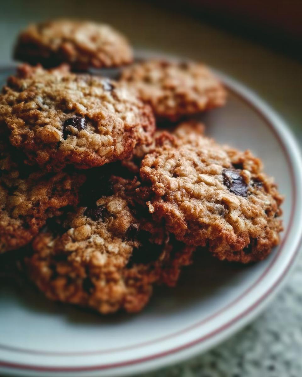 A close-up, moody shot of several chewy Oatmeal Chocolate Chip Coconut Cookies stacked on a white plate.