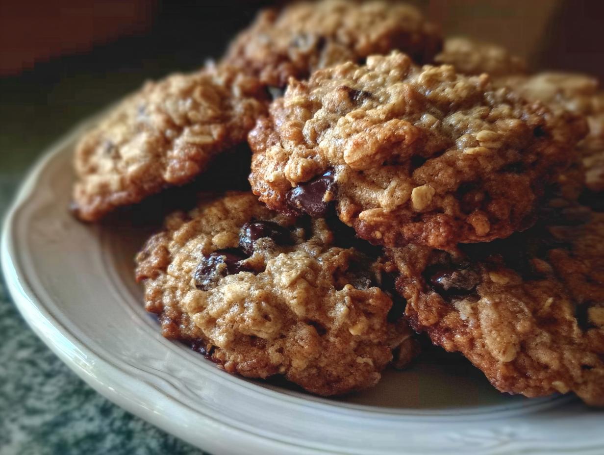 A close-up stack of freshly baked Oatmeal Chocolate Chip Coconut Cookies on a white plate.