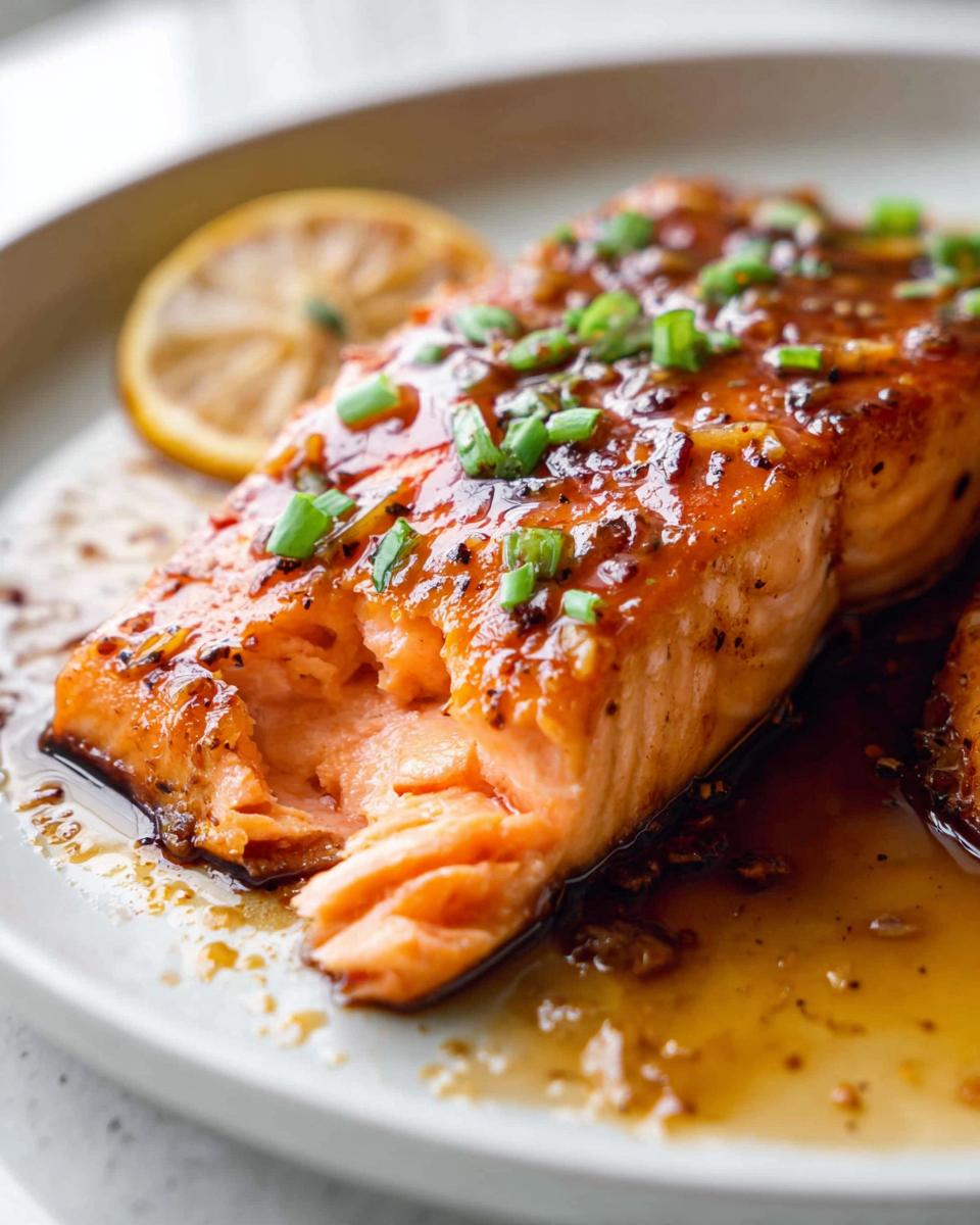 Close-up of a perfectly cooked One Pan Honey Garlic Salmon fillet, glazed and topped with green onions.