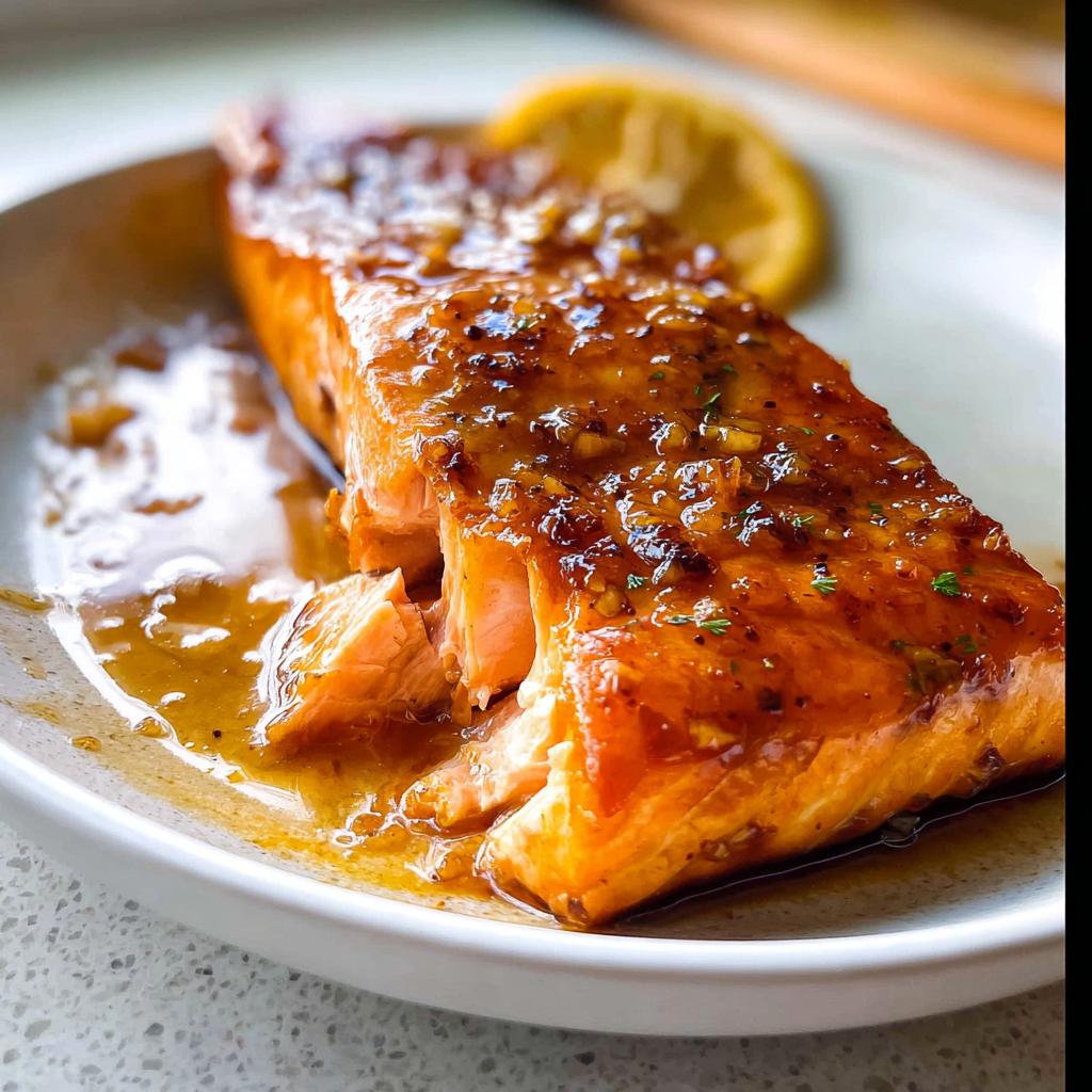 Close-up of a perfectly cooked One Pan Honey Garlic Salmon fillet covered in a sticky, glistening glaze.