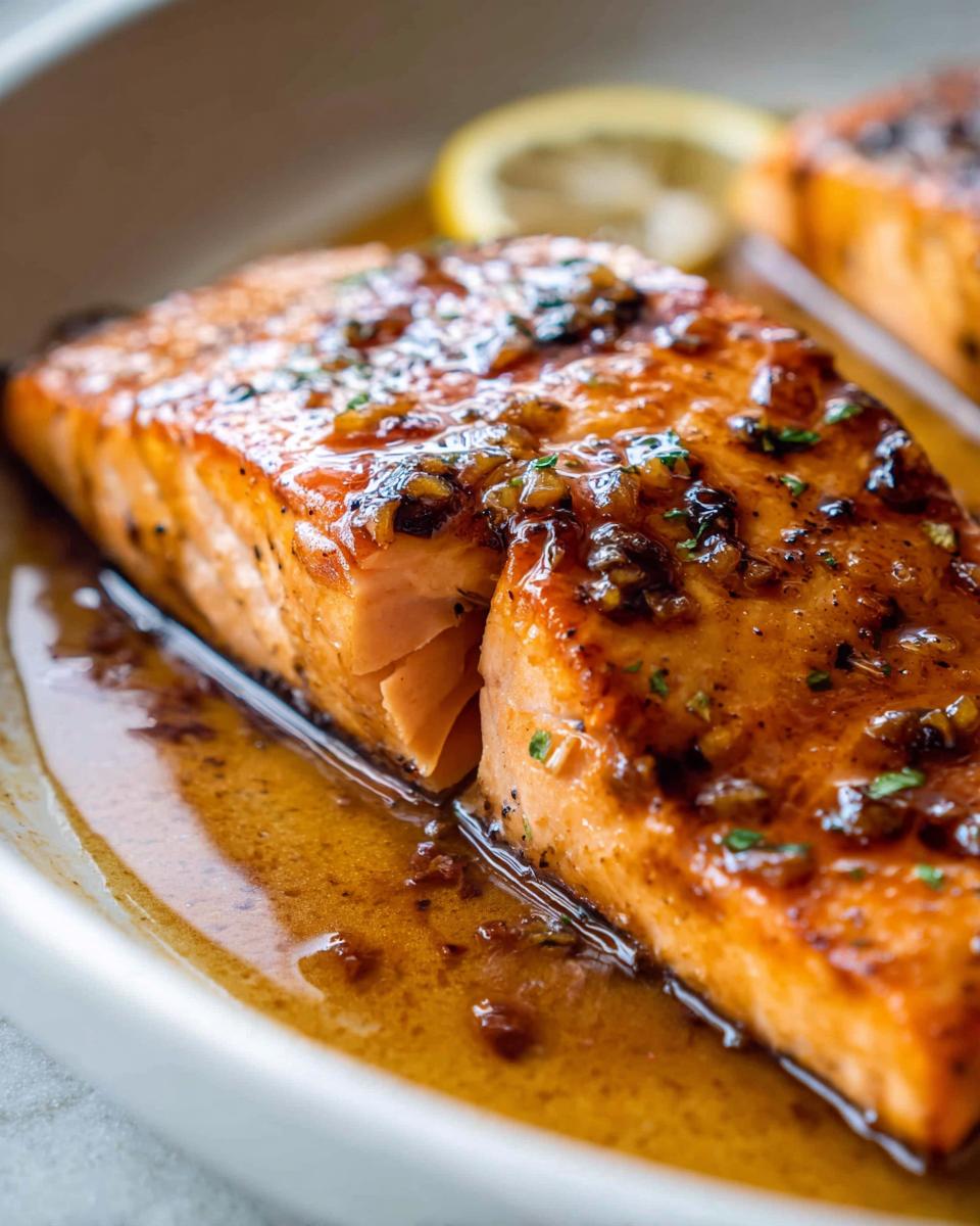 Close-up of a perfectly cooked One Pan Honey Garlic Salmon fillet covered in a shiny, savory glaze.
