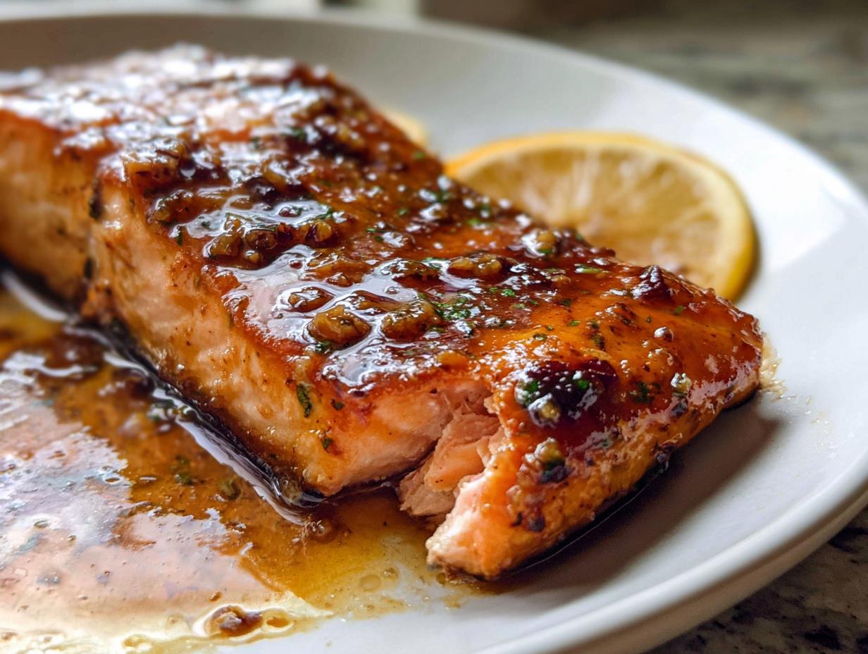 Close-up of a perfectly cooked One Pan Honey Garlic Salmon fillet covered in a thick, glossy glaze, served with a lemon slice.