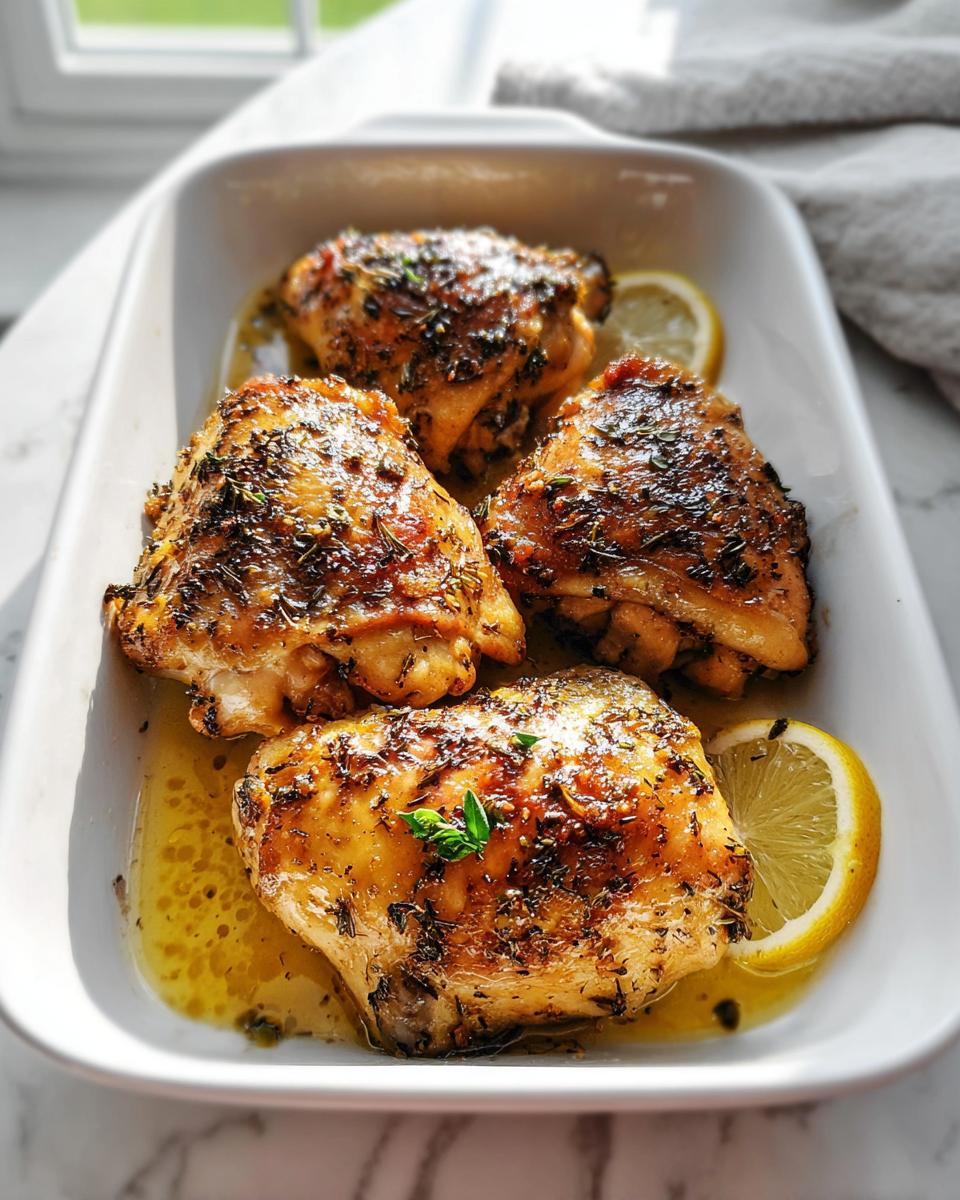 Four golden brown One-Pan Lemon Herb Chicken Thighs seasoned with herbs in a white baking dish with lemon slices.
