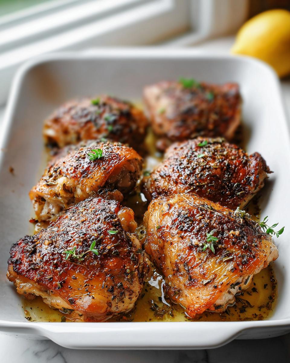 Six crispy, browned One-Pan Lemon Herb Chicken Thighs seasoned with herbs sitting in pan juices.