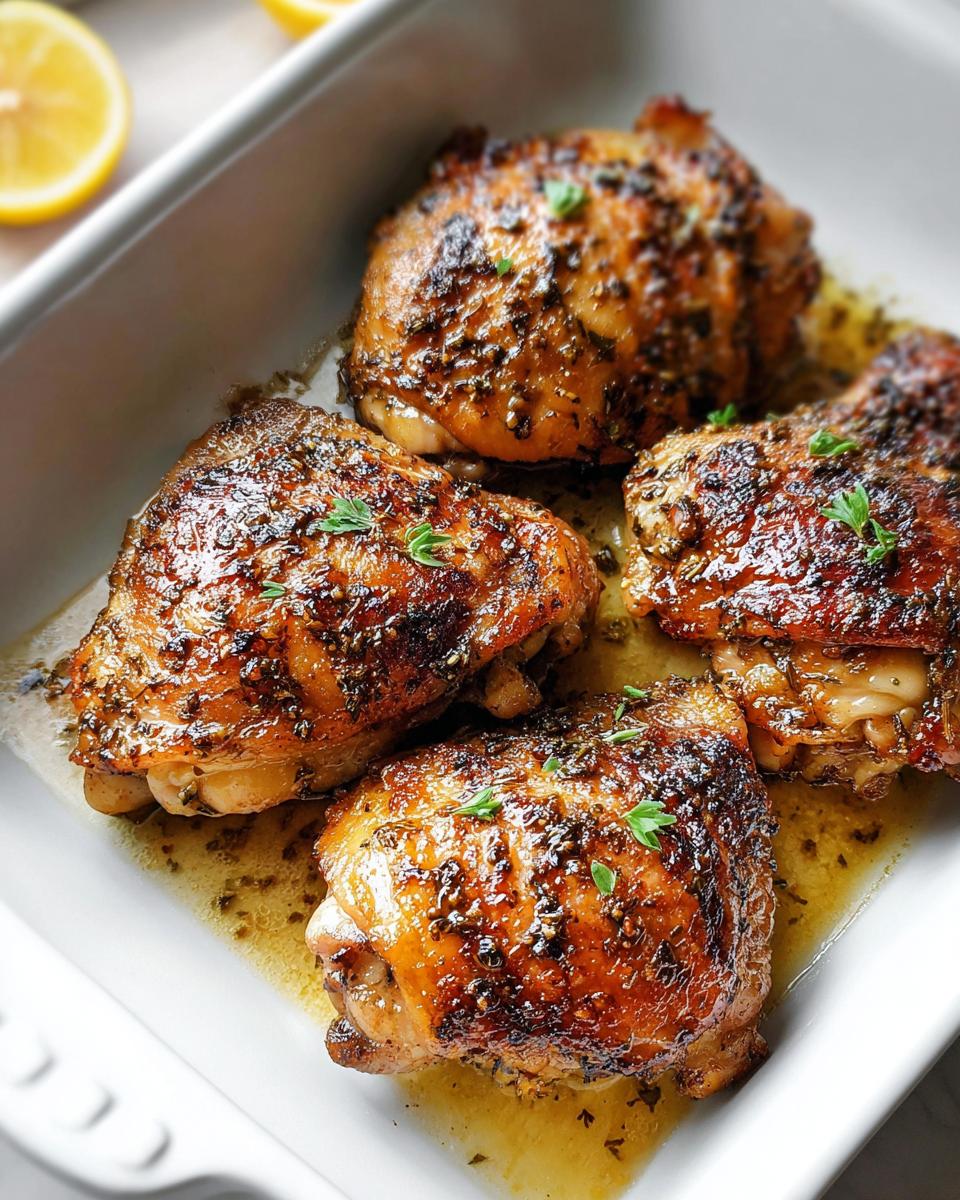 Four perfectly browned One-Pan Lemon Herb Chicken Thighs resting in a white baking dish with pan juices.