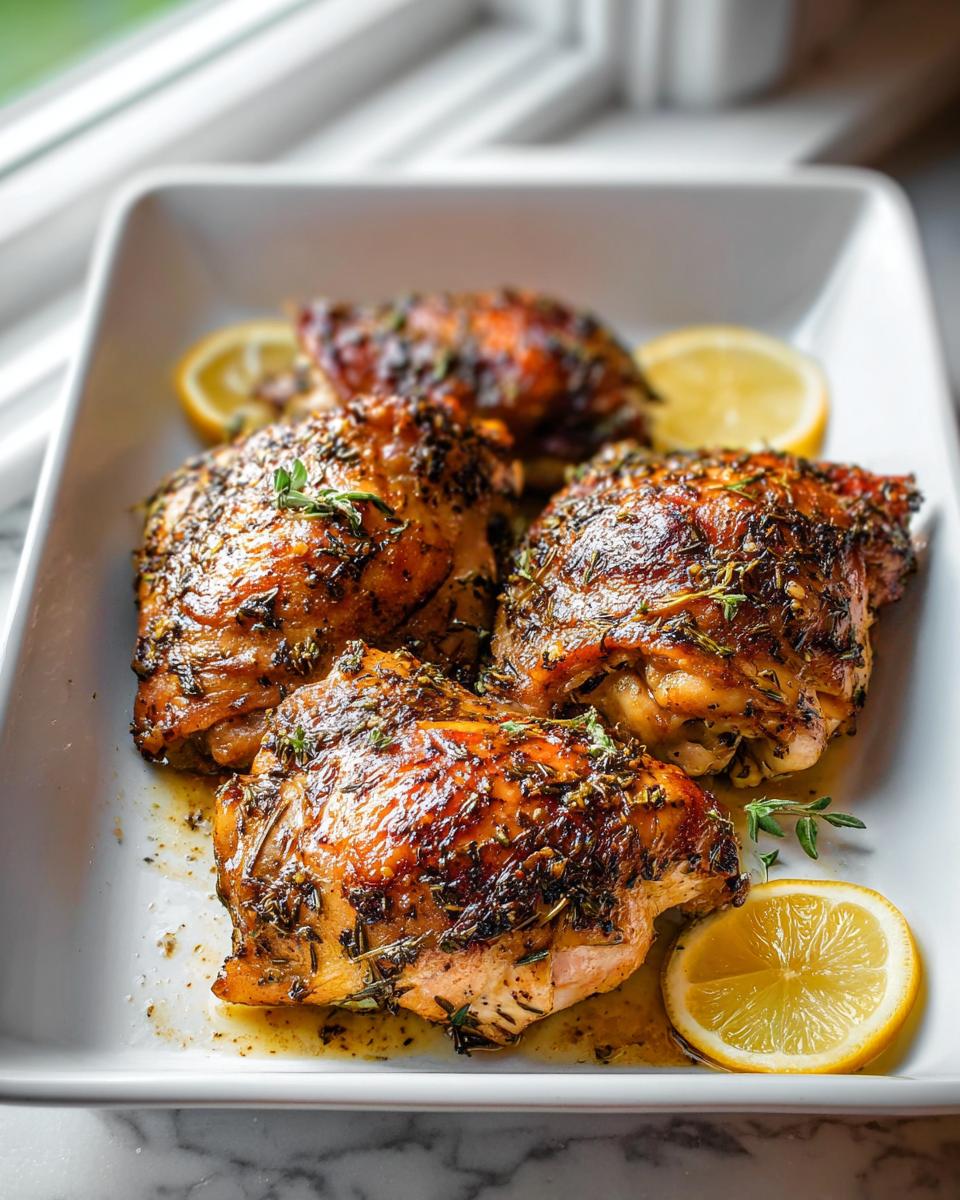 Four perfectly roasted One-Pan Lemon Herb Chicken Thighs served in a white dish with lemon slices.