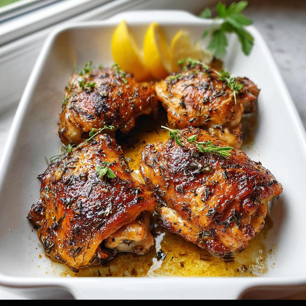Four golden-brown One-Pan Lemon Herb Chicken Thighs glistening with pan juices and topped with fresh herbs.