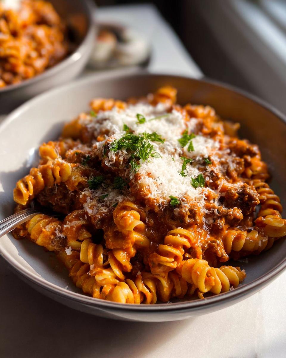 A close-up of One Pot Creamy Tomato Pasta made with fusilli, topped generously with grated Parmesan cheese and fresh parsley.