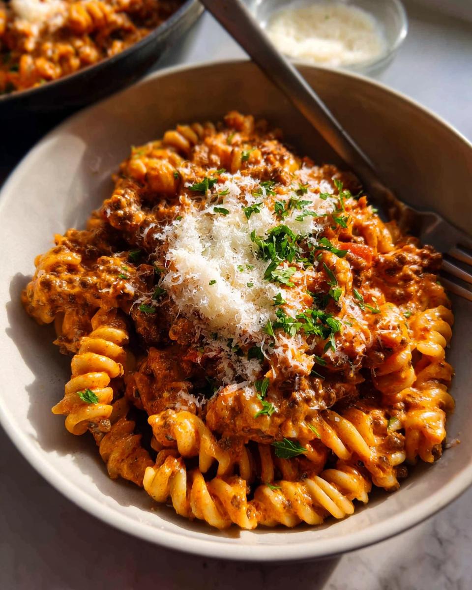 A close-up of One Pot Creamy Tomato Pasta with fusilli, topped generously with grated Parmesan cheese and fresh parsley.