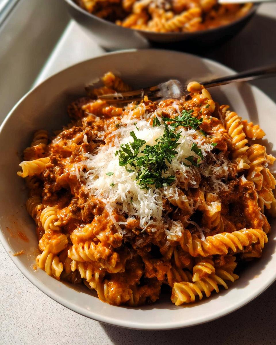 A close-up of a bowl of One Pot Creamy Tomato Pasta topped with grated Parmesan cheese and fresh parsley.