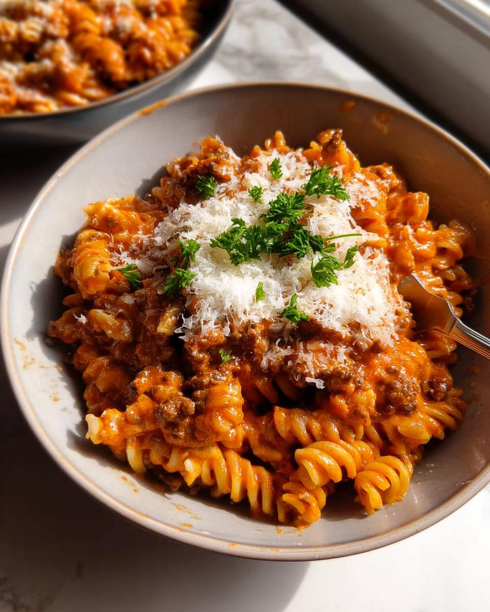 A bowl filled with One Pot Creamy Tomato Pasta, topped generously with grated Parmesan cheese and fresh parsley.