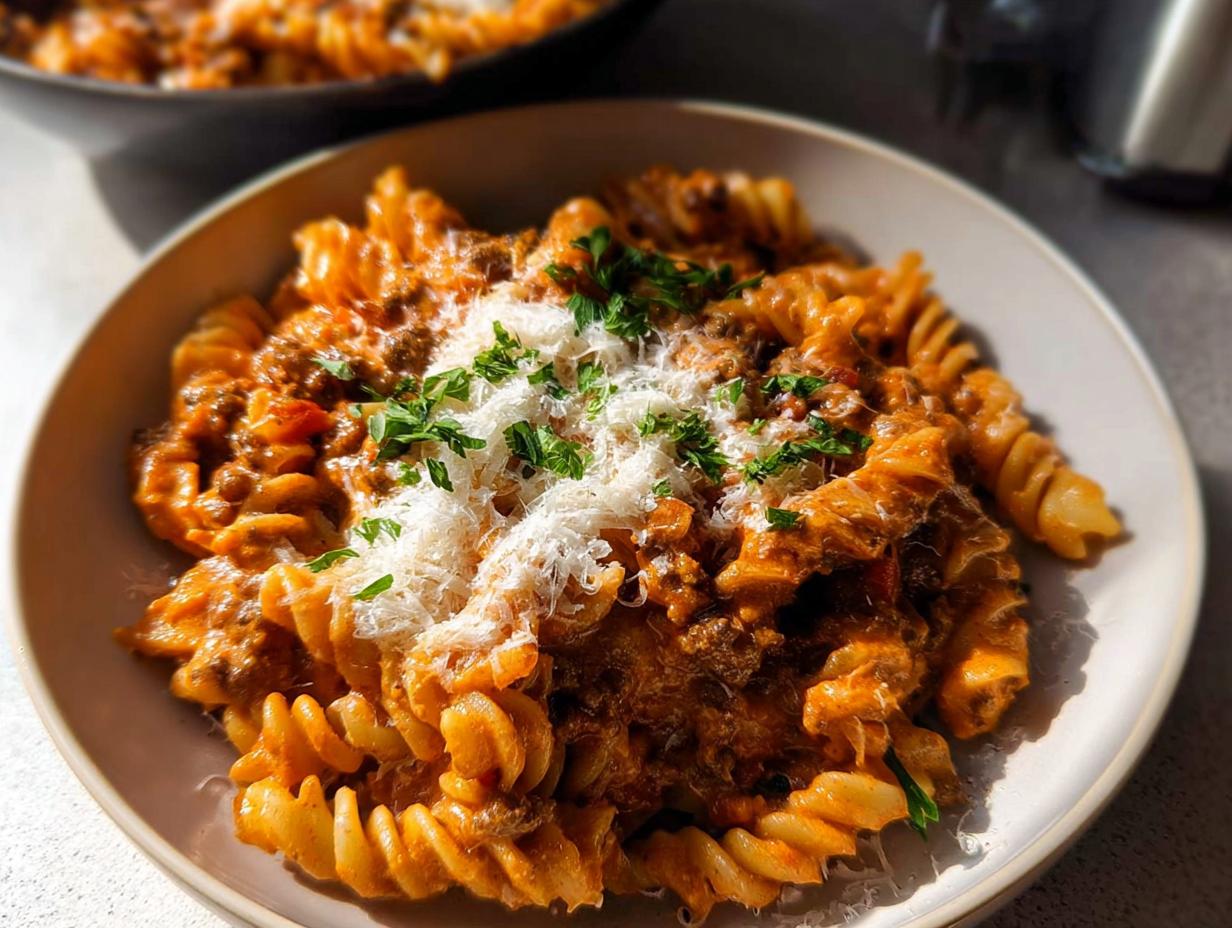 A close-up of One Pot Creamy Tomato Pasta featuring fusilli pasta coated in a rich sauce, topped with grated Parmesan and fresh parsley.