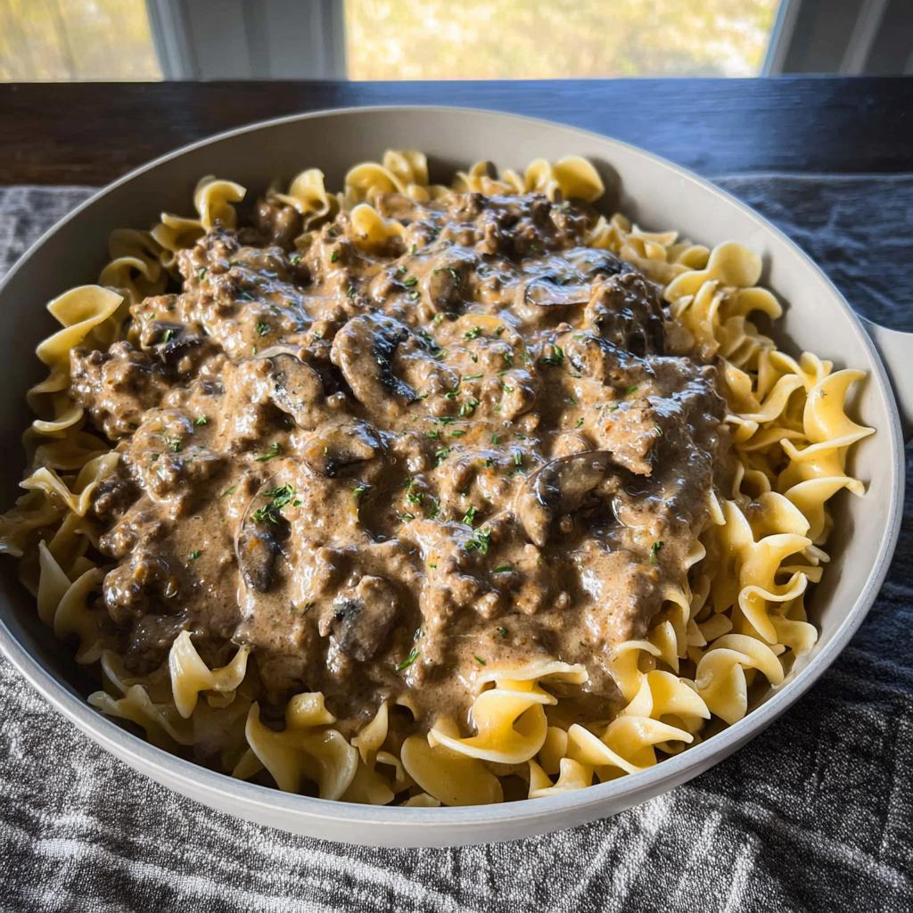 A close-up of One Pot Ground Beef Stroganoff served over wide egg noodles in a light gray bowl.