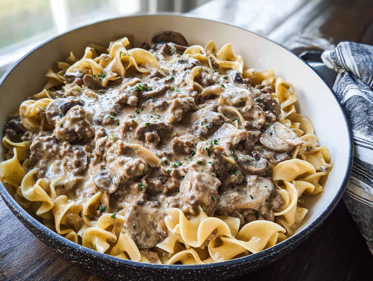 A close-up of creamy One Pot Ground Beef Stroganoff served over egg noodles in a speckled skillet.