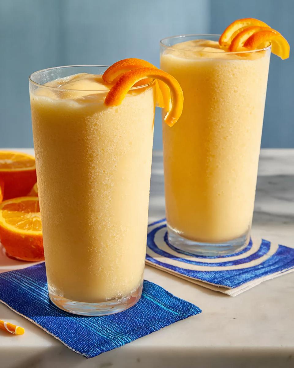 Two tall glasses of thick, yellow-orange smoothie garnished with orange peels, perfect for a Smoothie Recipe Lose belly fat without exercising.