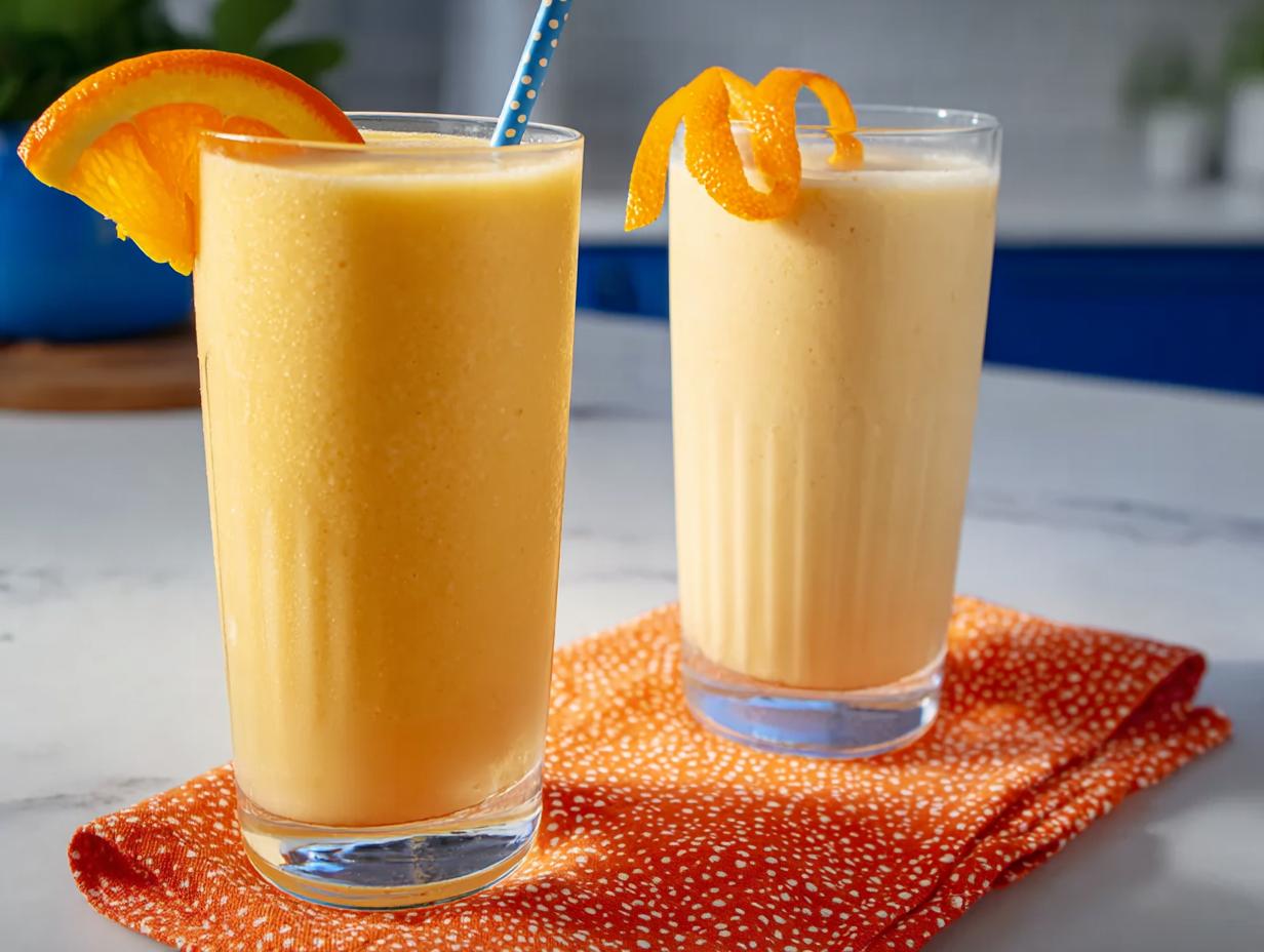 Two tall glasses of thick, orange-colored Smoothie Recipe Lose belly fat without exercising, garnished with orange slices.