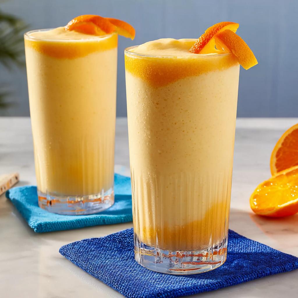 Two tall glasses of thick, creamy orange smoothie, garnished with orange slices, part of a Smoothie Recipe Lose belly fat without exercising.