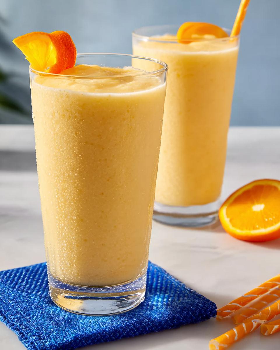 Two tall glasses of thick, frosty orange Smoothie Recipe Lose belly fat without exercising, garnished with orange peel.