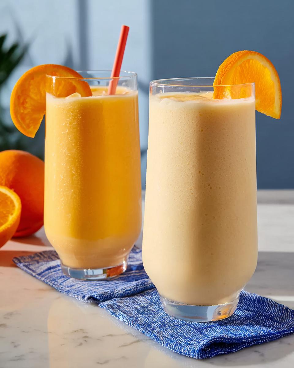Two glasses of thick, creamy orange-colored smoothie recipe lose belly fat, garnished with orange slices.