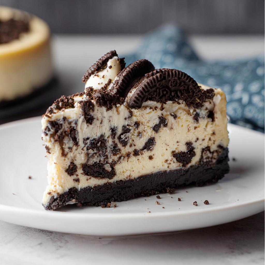 A perfect slice of Oreo Cookies and Cream Cheesecake with a dark crust and cookie chunks throughout.