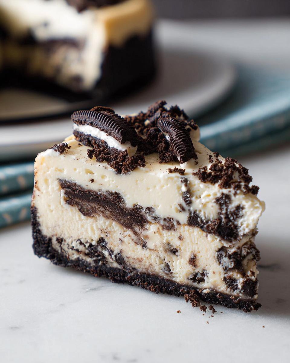 A close-up of a creamy slice of Oreo Cookies and Cream Cheesecake topped with cookie crumbles.
