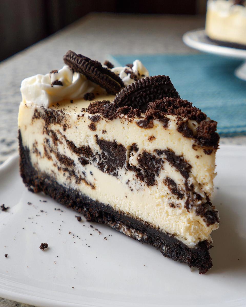 A rich slice of Oreo Cookies and Cream Cheesecake with a dark crust, topped with whipped cream and whole cookies.