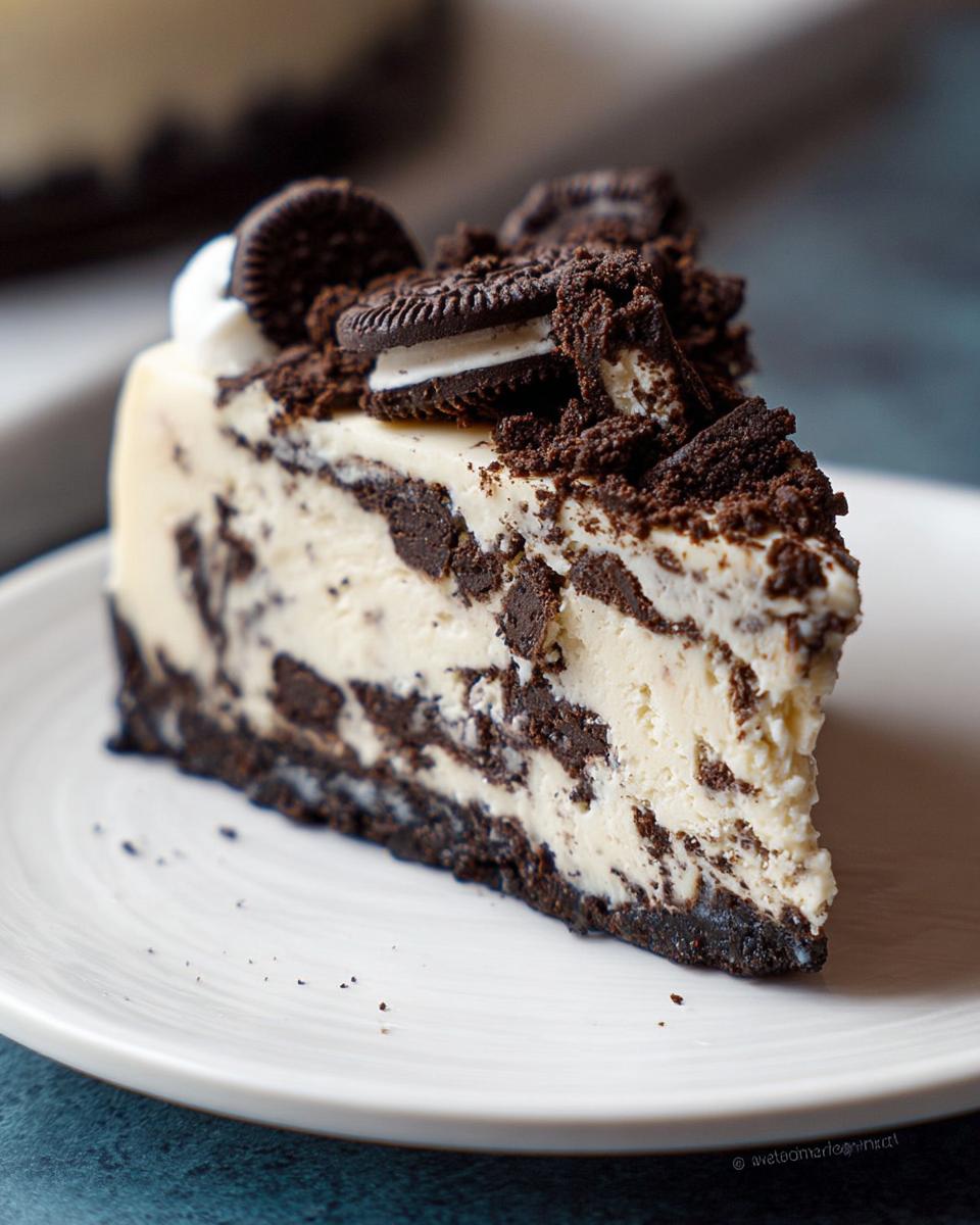 A decadent slice of Oreo Cookies and Cream Cheesecake with a thick Oreo crust and cookie chunks throughout.