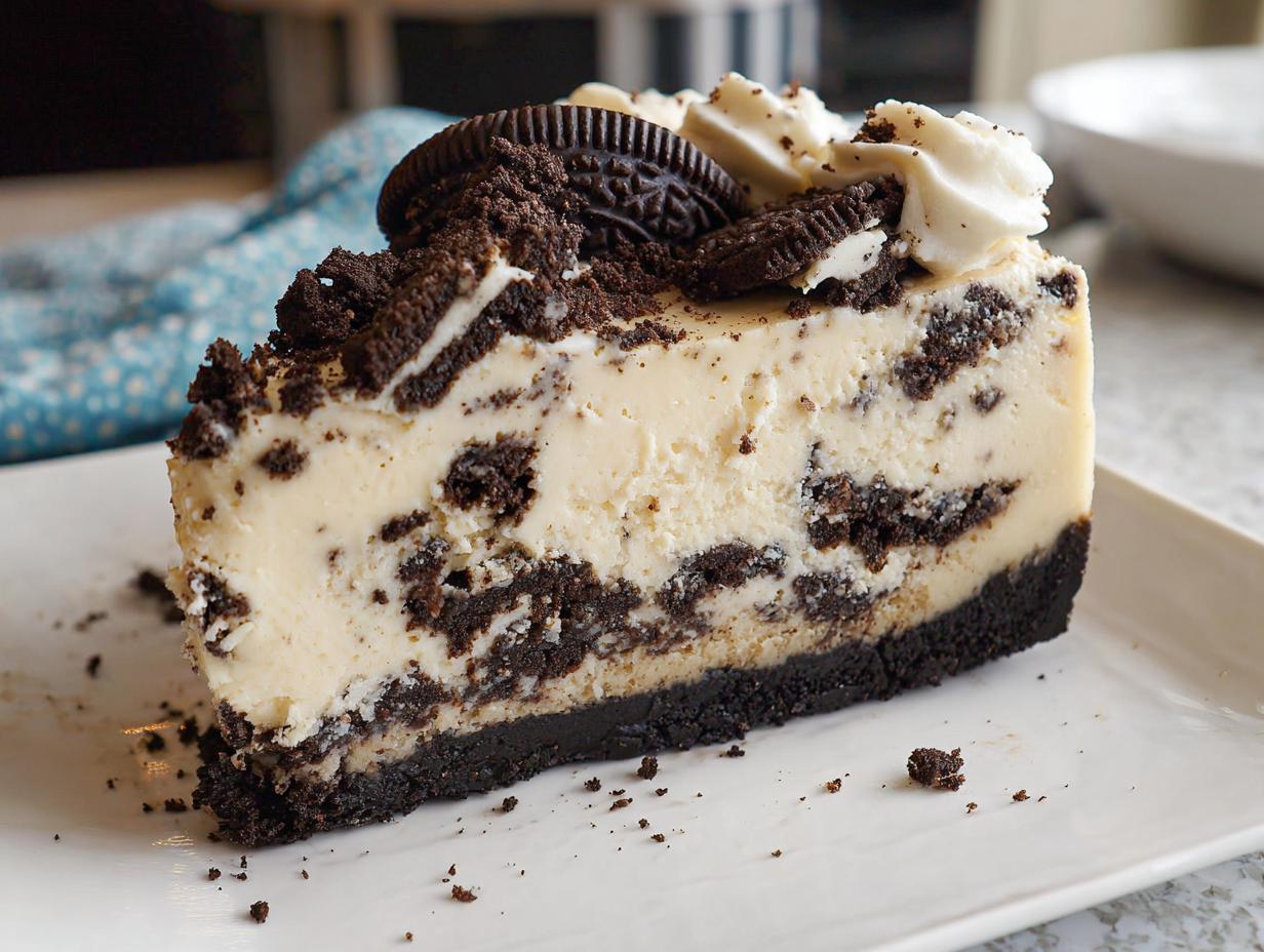 A perfect slice of Oreo Cookies and Cream Cheesecake showing the creamy filling and dark cookie crust.