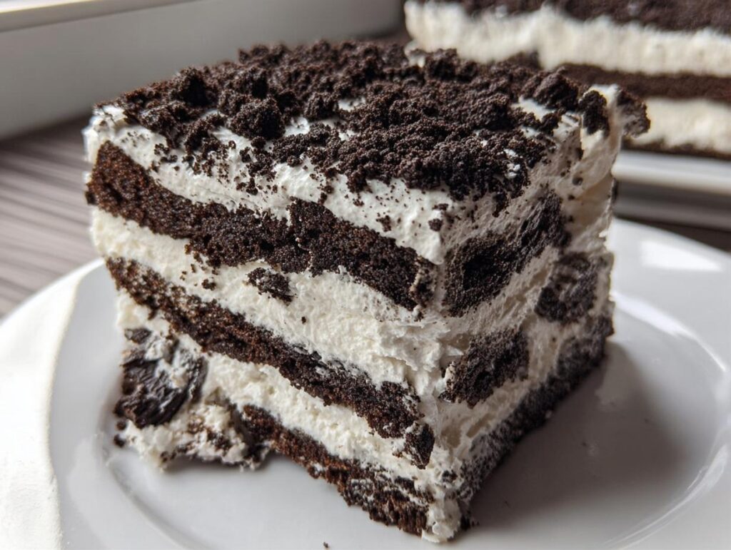 A close-up of a layered slice of Oreo Cookies and Cream Icebox Cake on a white plate.