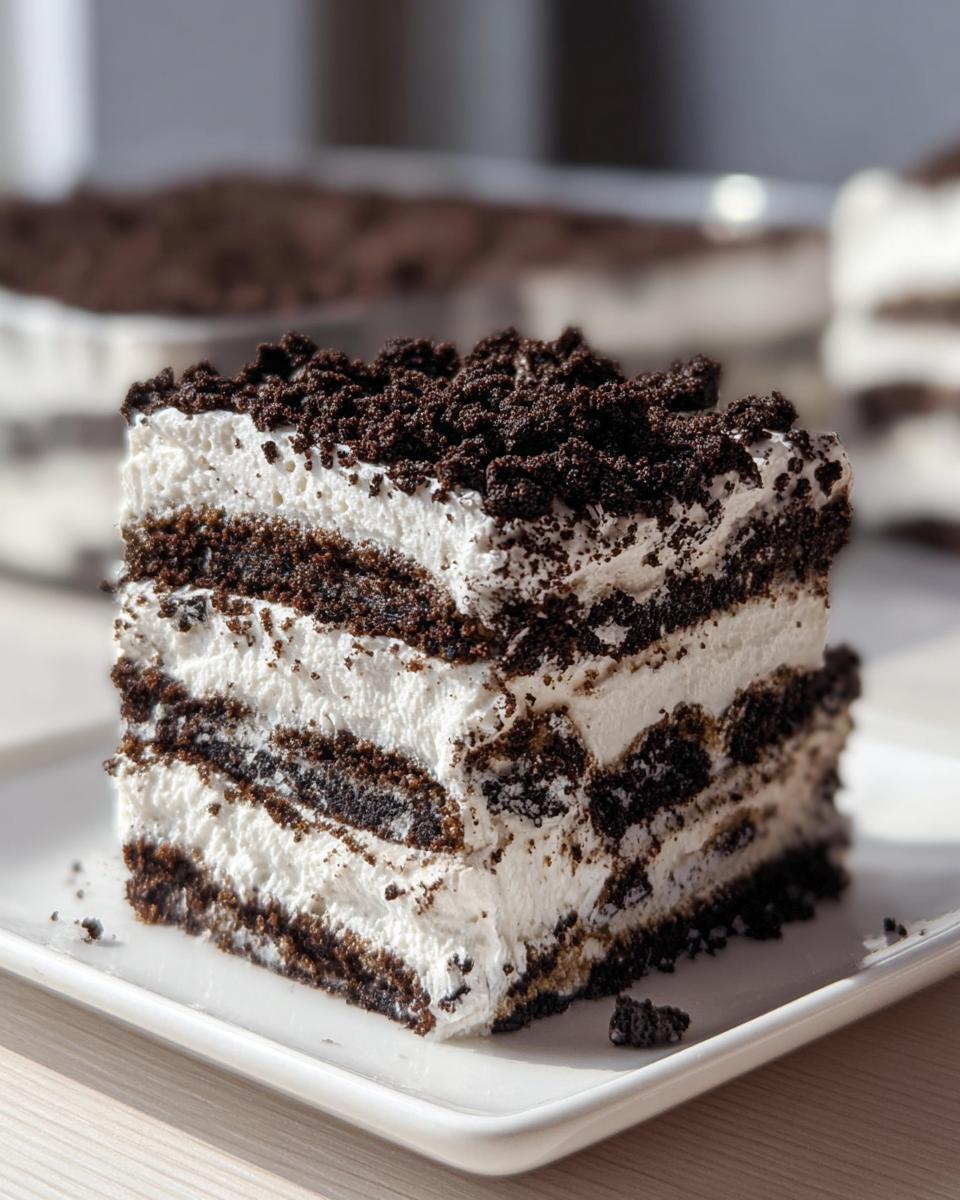 A perfect square slice of Oreo Cookies and Cream Icebox Cake showing layers of whipped cream and chocolate cookies.