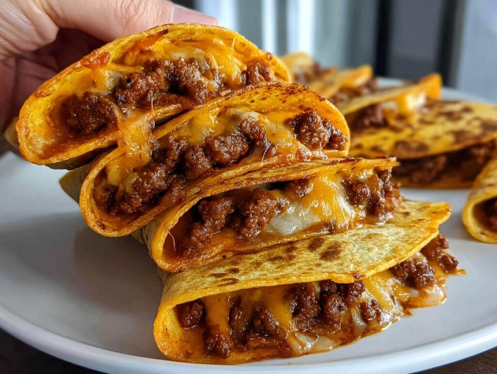 A hand holds up a stack of crispy Oven-Baked Cheesy Tacos overflowing with seasoned ground beef and melted cheese.