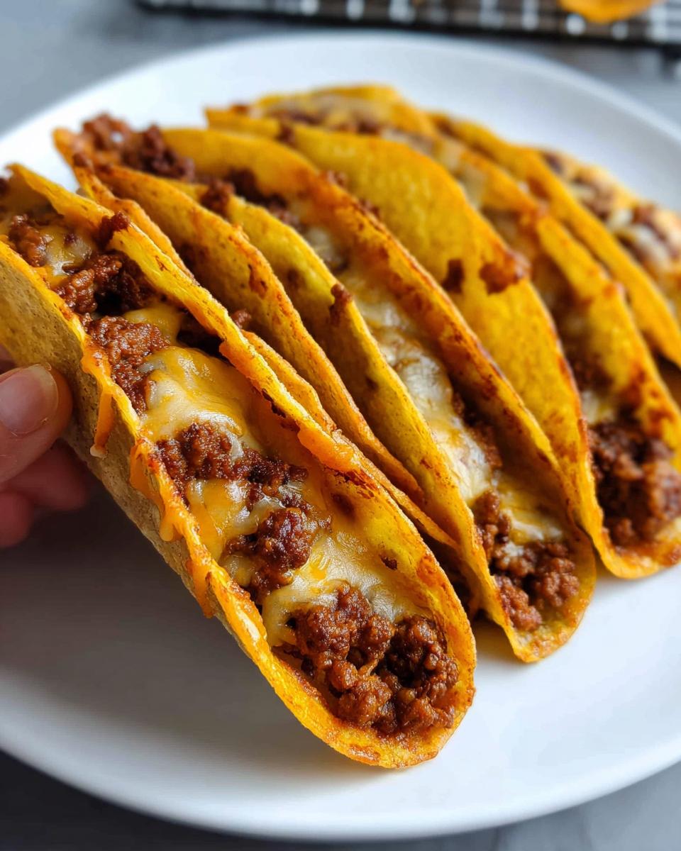 A hand holding one of several Oven-Baked Cheesy Tacos filled with seasoned ground beef and melted cheese.
