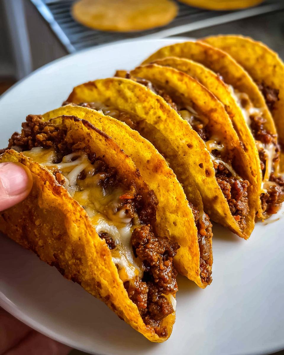 A hand holding one of several crispy Oven-Baked Cheesy Tacos filled with seasoned ground beef and melted white cheese.
